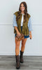 Olive/Blue Button Front Mixed Media Top (Reg. and Plus)