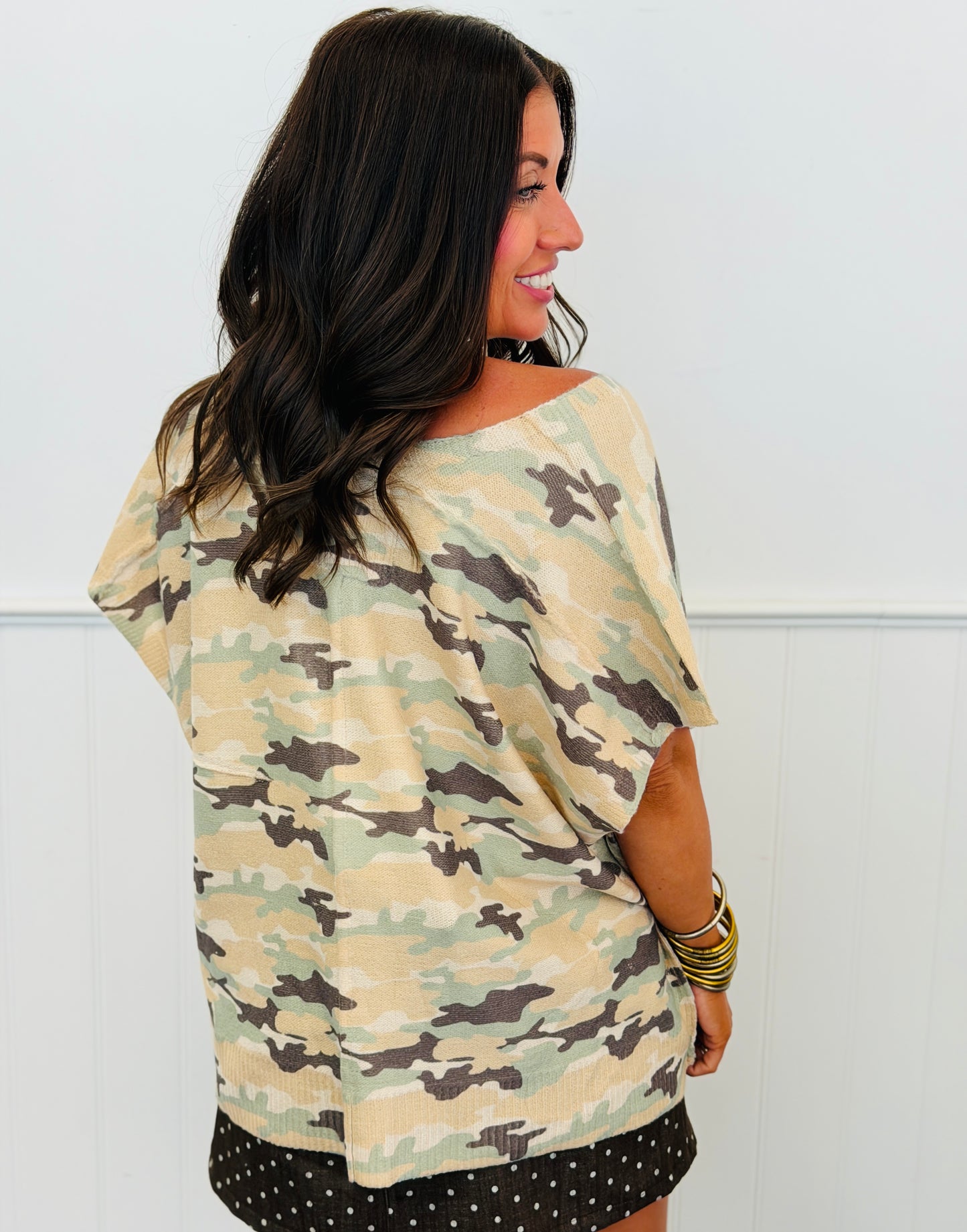 Camo Dolman Sleeve V-Neck Top (Reg. and Plus)