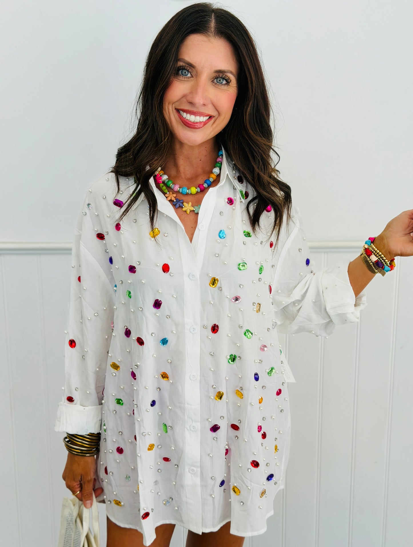 White Multi Embellished Button Up Blouse (One Size)