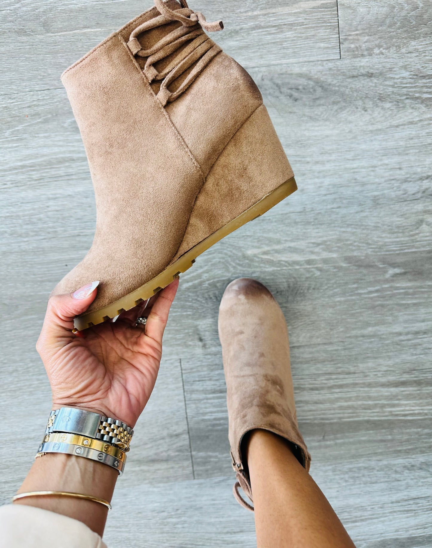 Taupe Lace It Up Wedge Booties