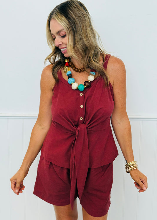 Burgundy Button Up Tie Top (Reg.)