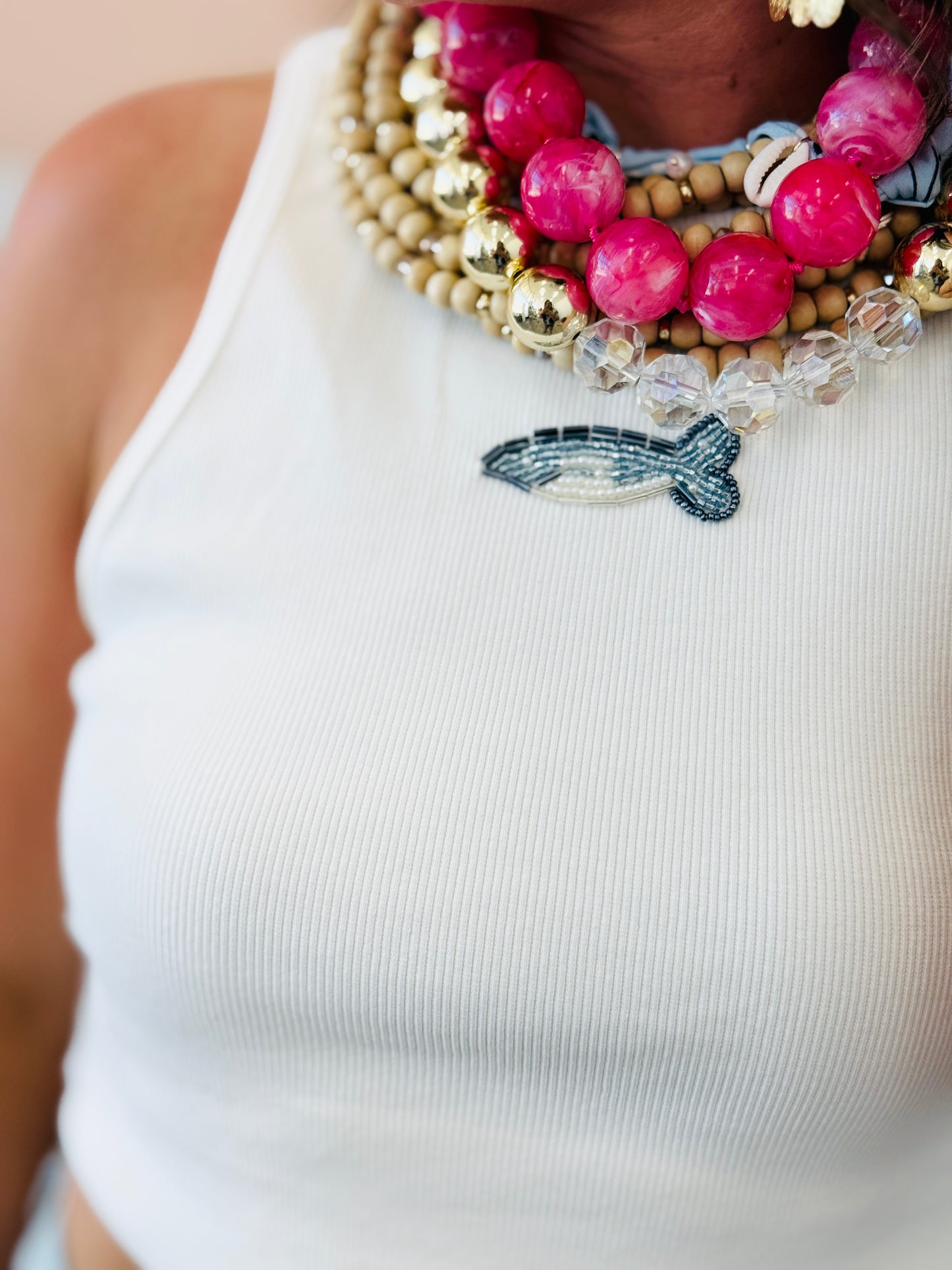 Off White Beaded Fish Tank Top (Reg.)