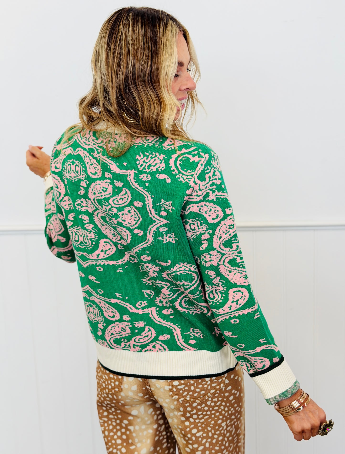 Green Rose Paisley Knit Sweater Cardigan (Reg.)