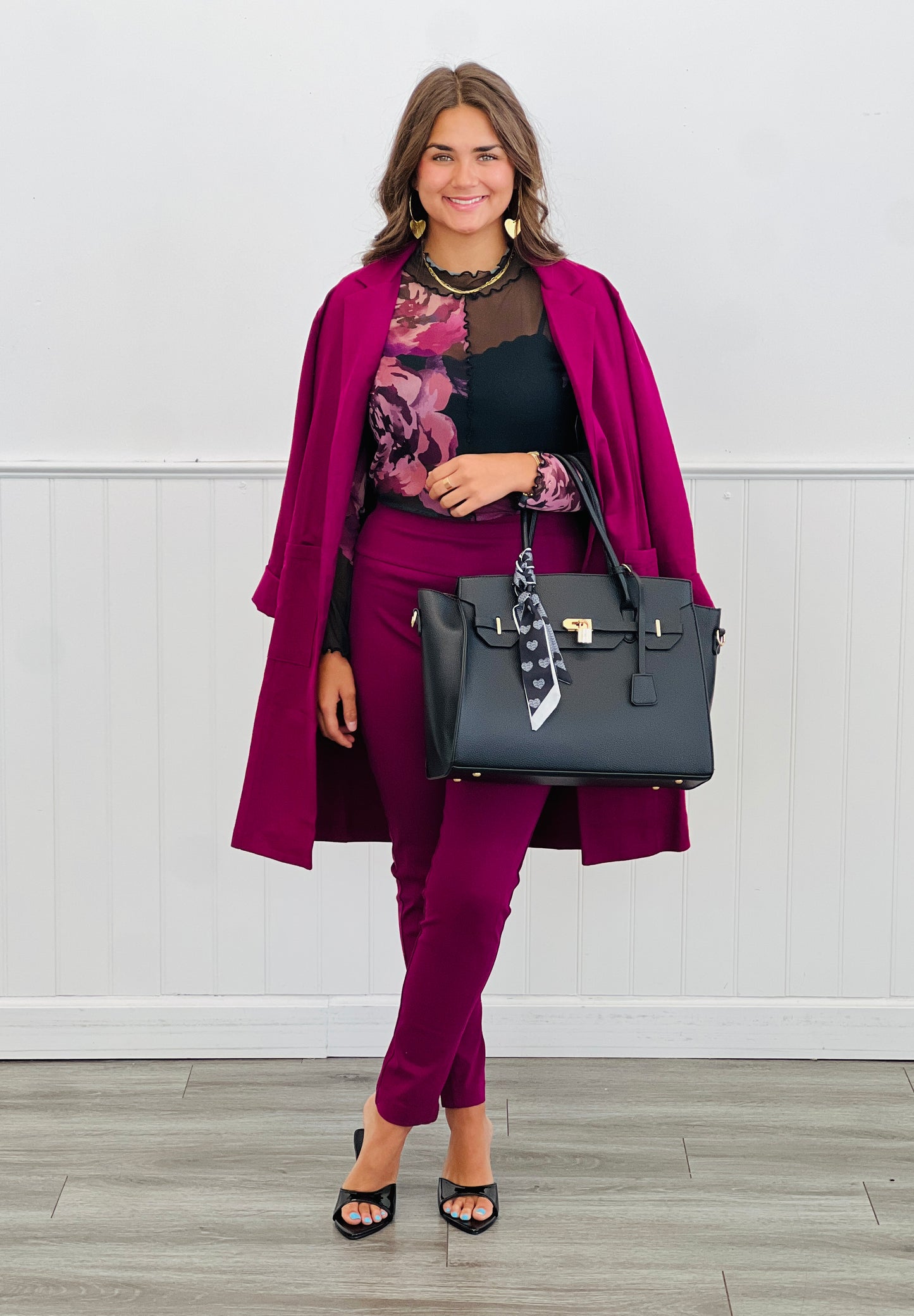 Black/Mauve Floral LS Mesh Top (Reg. and Plus)