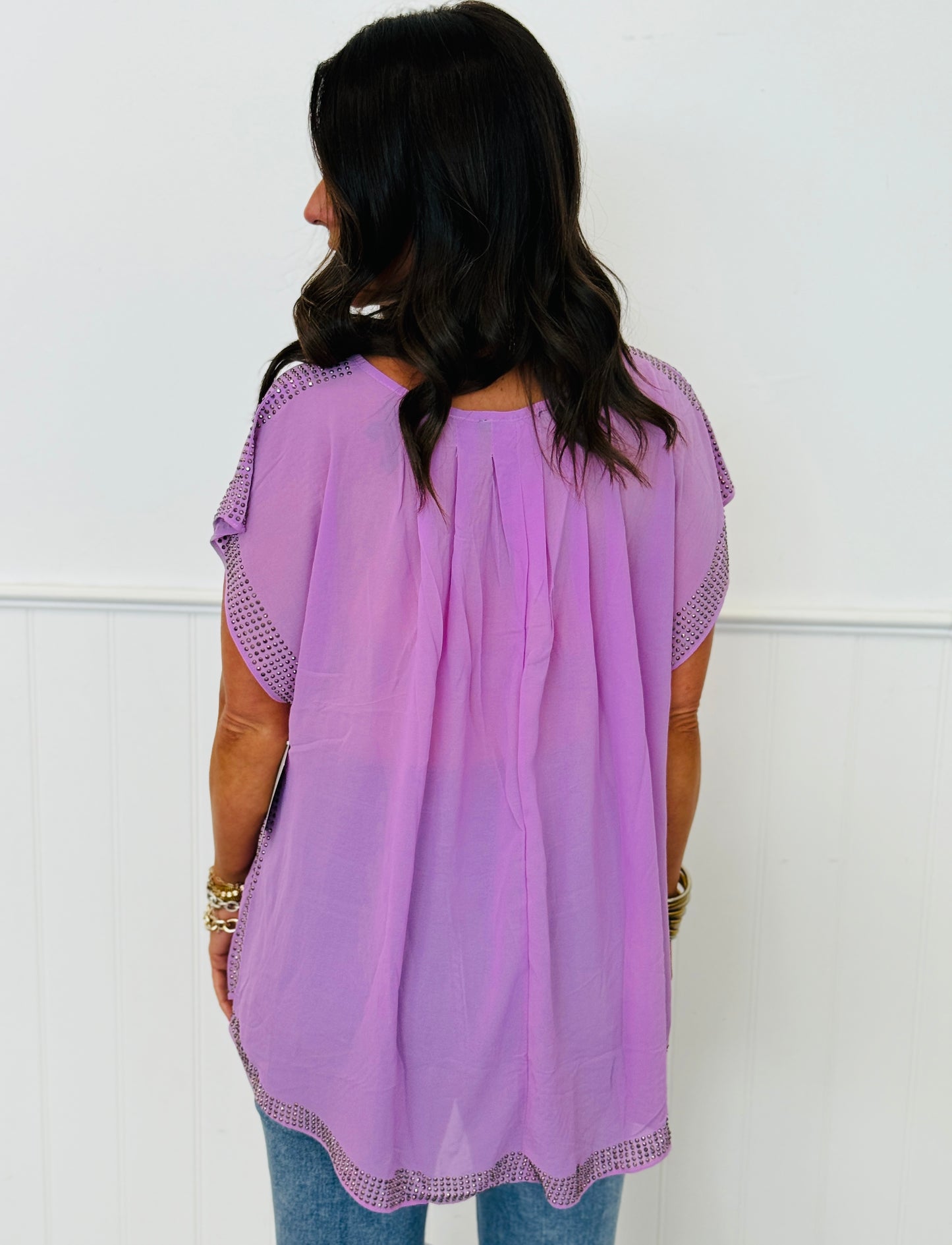 Semi Sheer Rhinestone Top (Reg. and Plus)-4 Colors