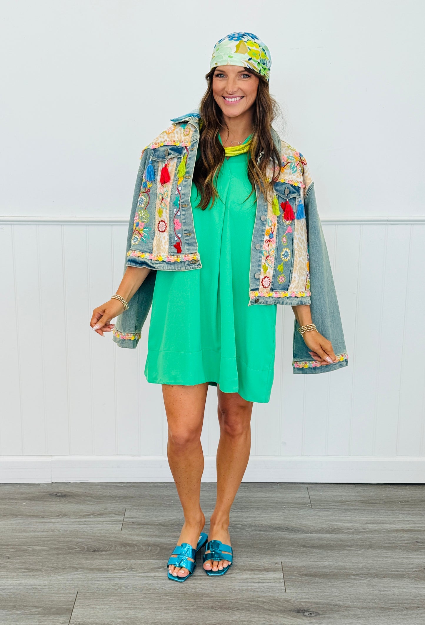 Green Pullover Back Pleat Mini Dress (Reg.)