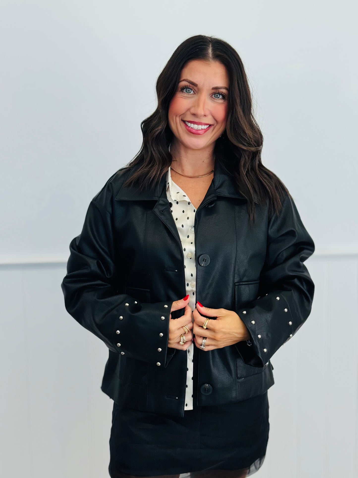 Black Studded Faux Leather Hooded Jacket (Reg.)