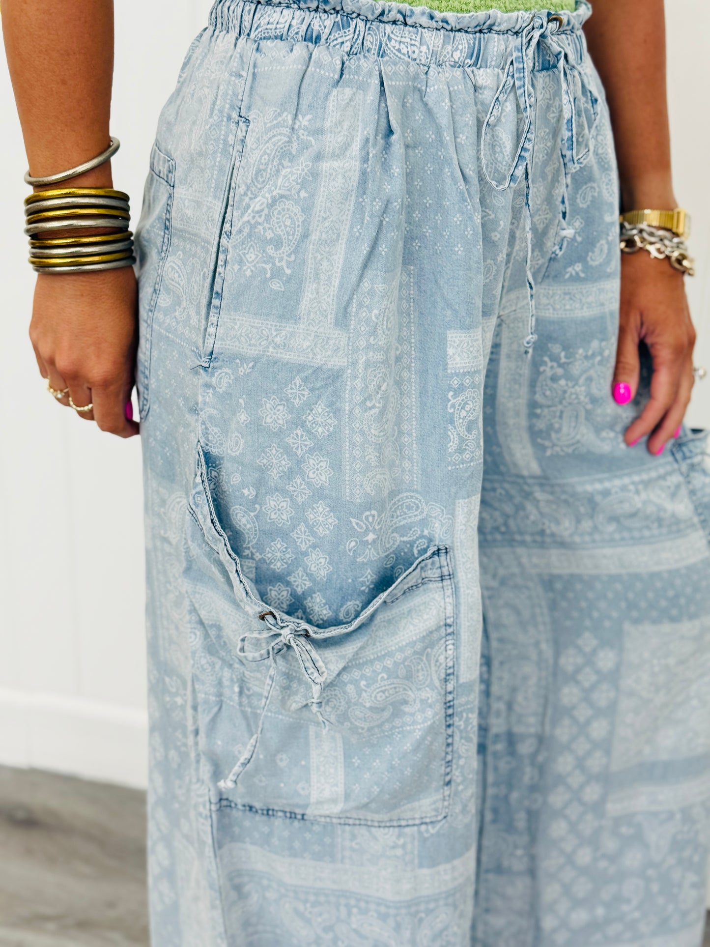 Denim Patchwork Paisley Print Pants (Reg.)-2 Colors