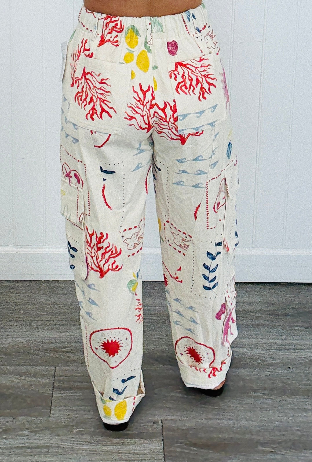 White Denim Printed Twill Cargo Pants (Reg. and Plus)