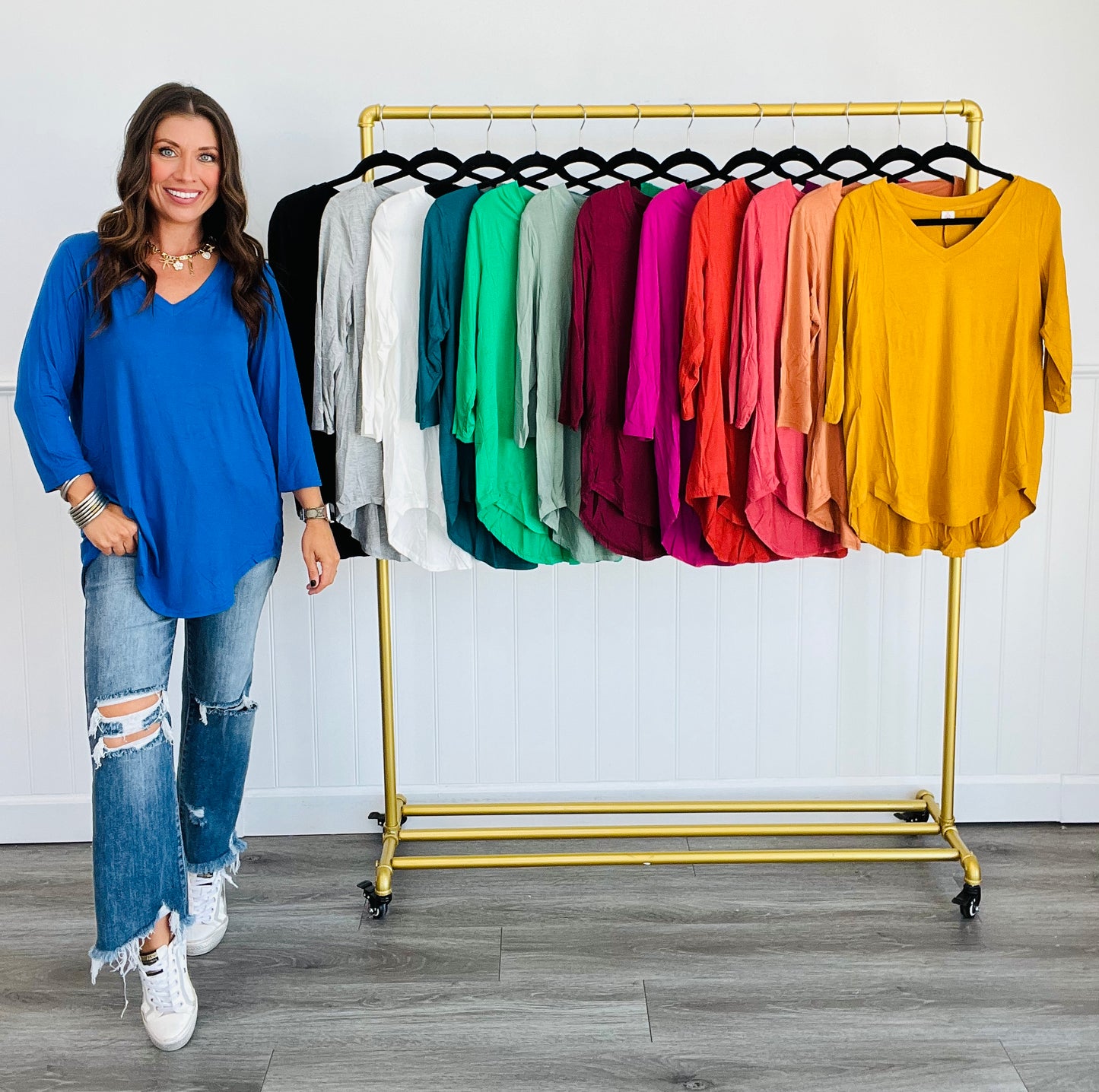 Solid V-Neck Mid Sleeve Top (Reg. & Plus)- 13 Colors