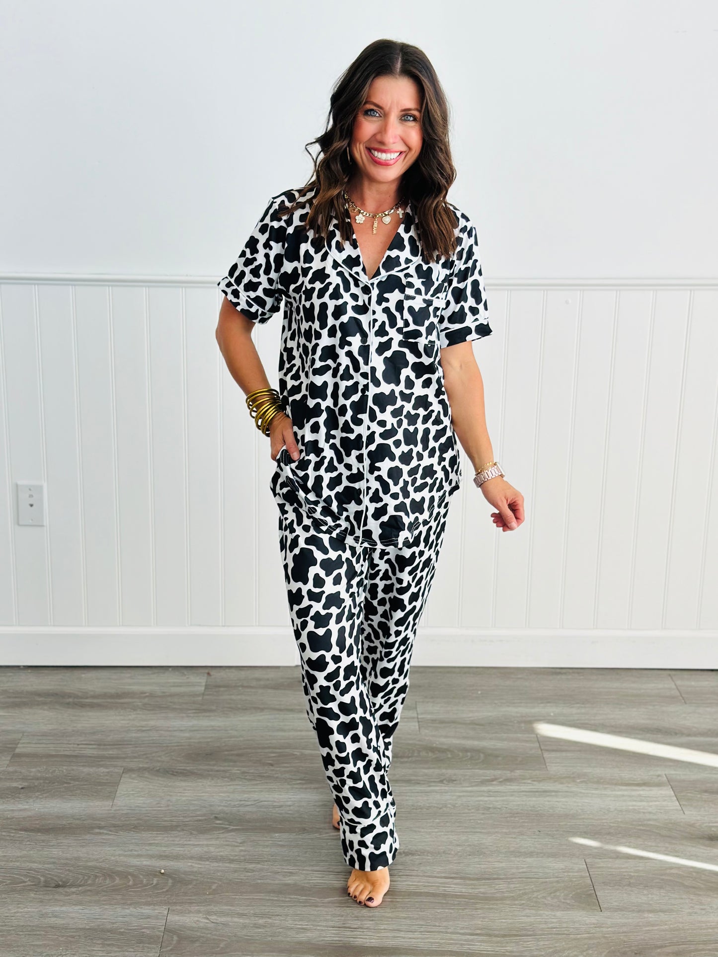 Shirley & Stone Button Up Cow Print Pajama Set (Reg. and Plus)