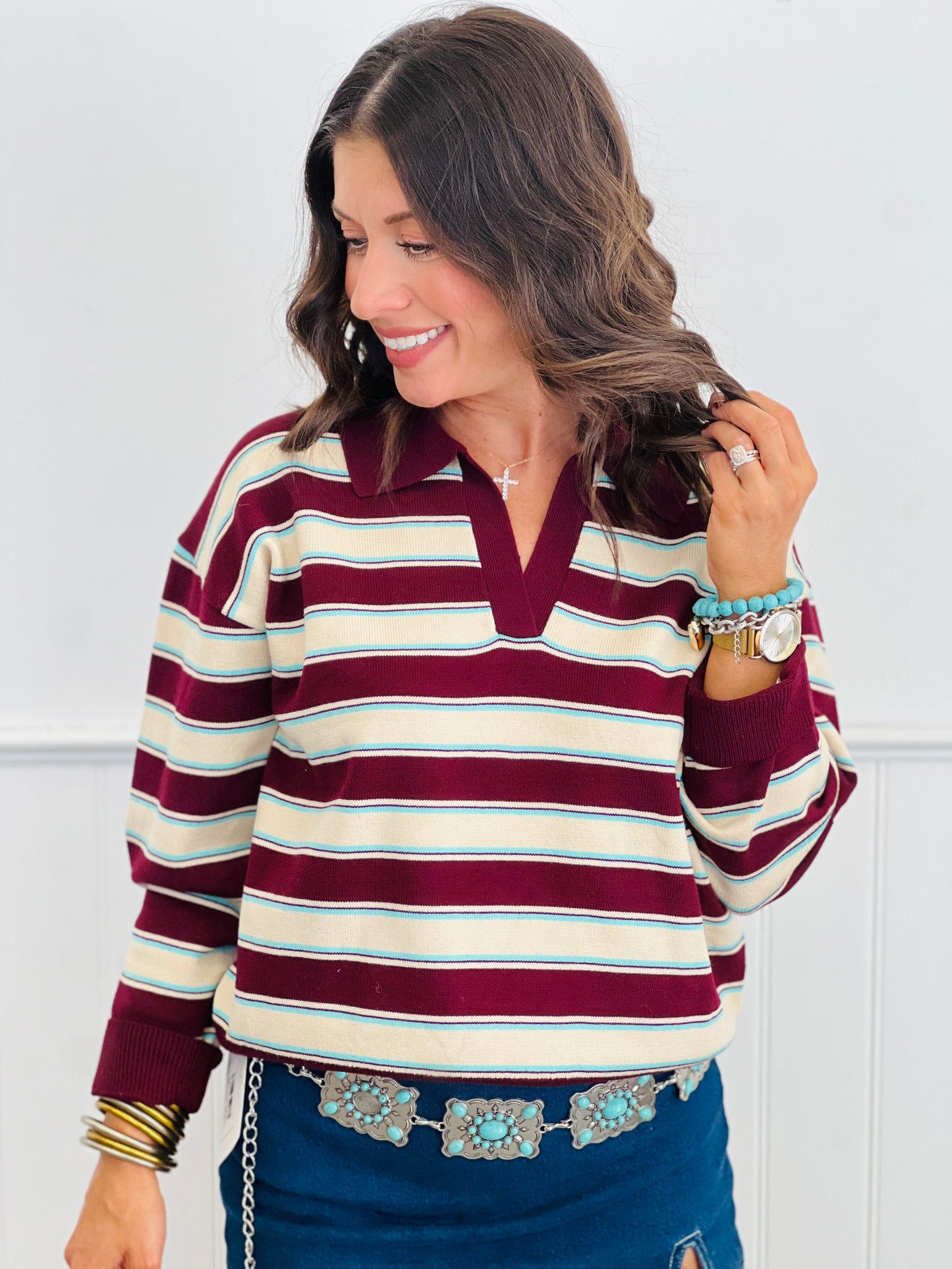 Multi Stripe Polo Sweater Top (Reg.) - 2 Colors