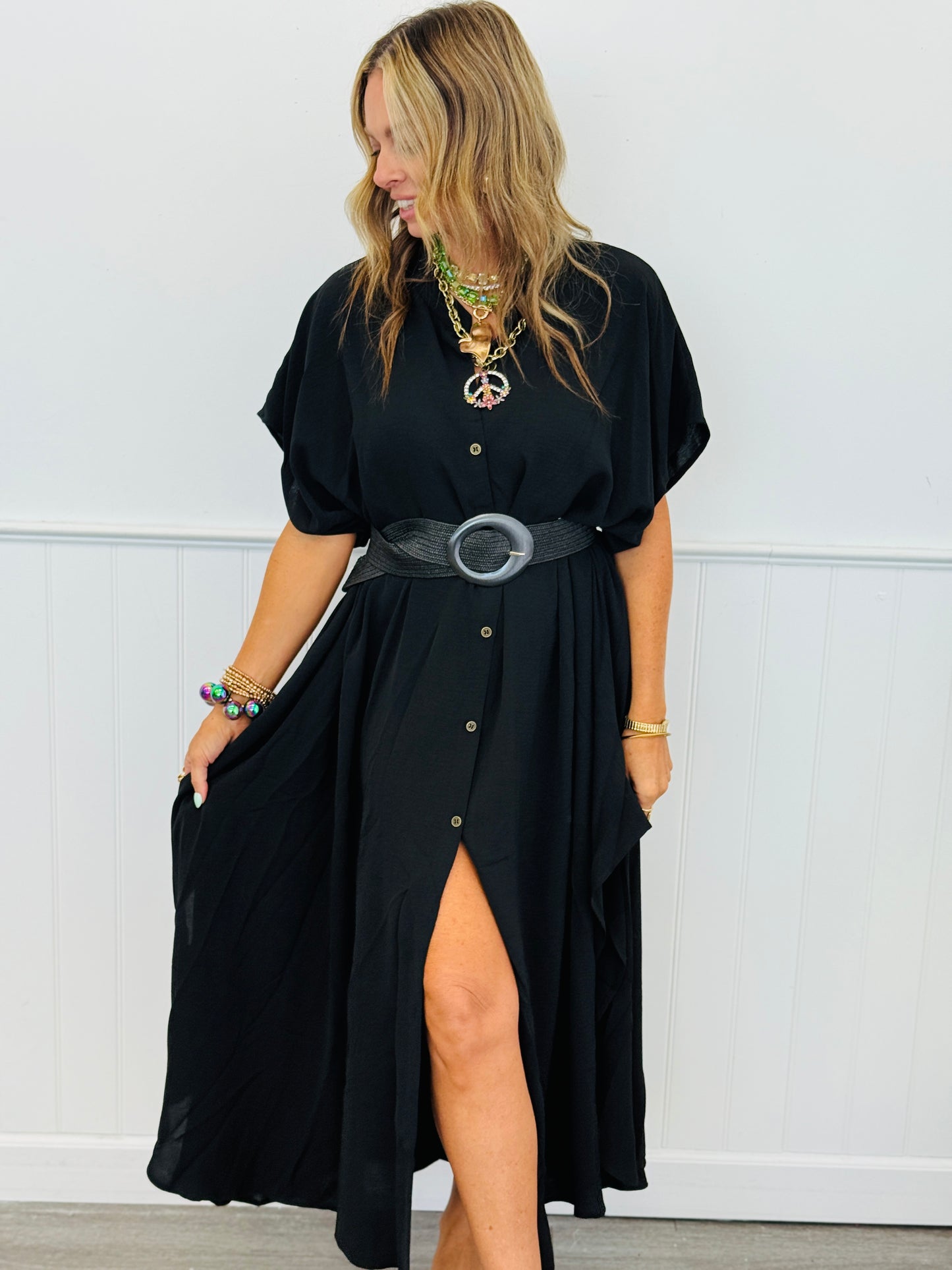 Black Oversized Button Down Maxi Dress (One Size)