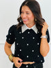 Black/Ivory Embroidered Polka Dot Sweater Top (Reg.)