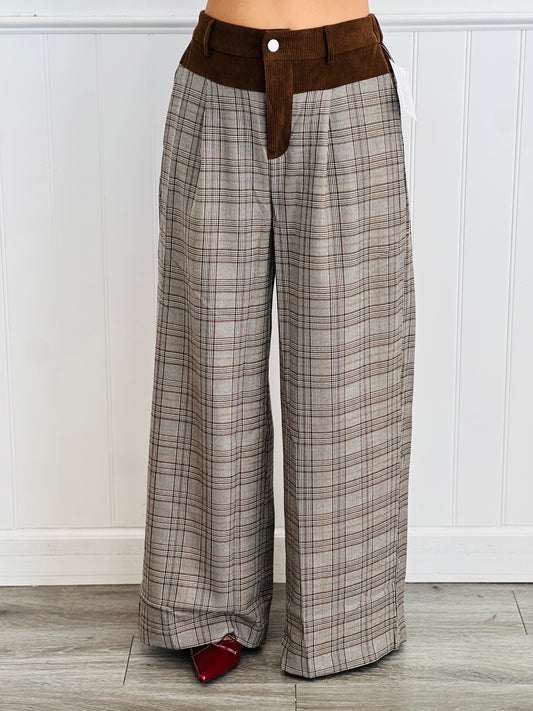 Brown Plaid Contrast Waist Pants (Reg & Plus)