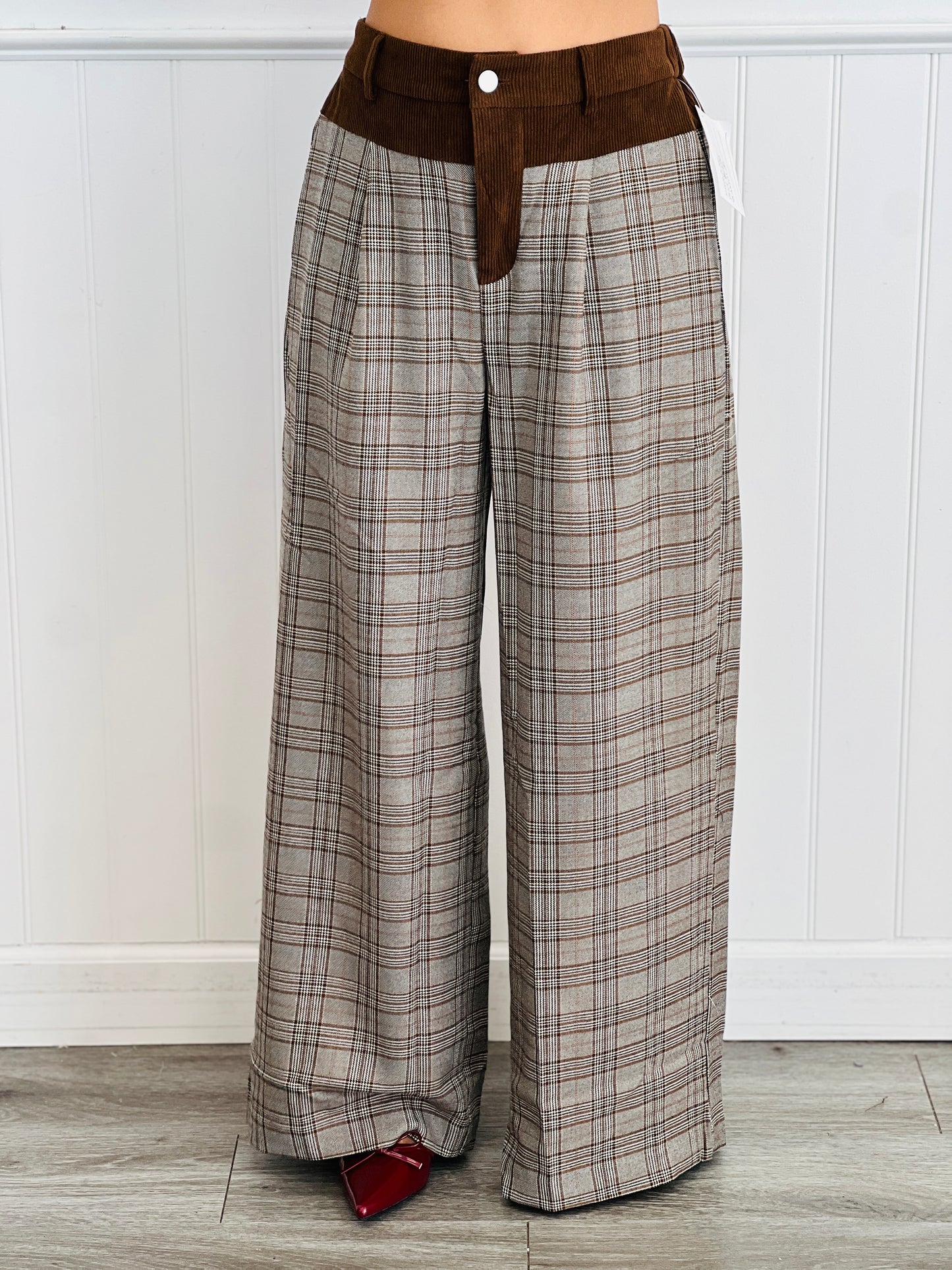 Brown Plaid Contrast Waist Pants (Reg & Plus)