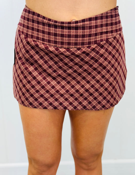 Burgundy Check Mid Rise Skort (Reg.)