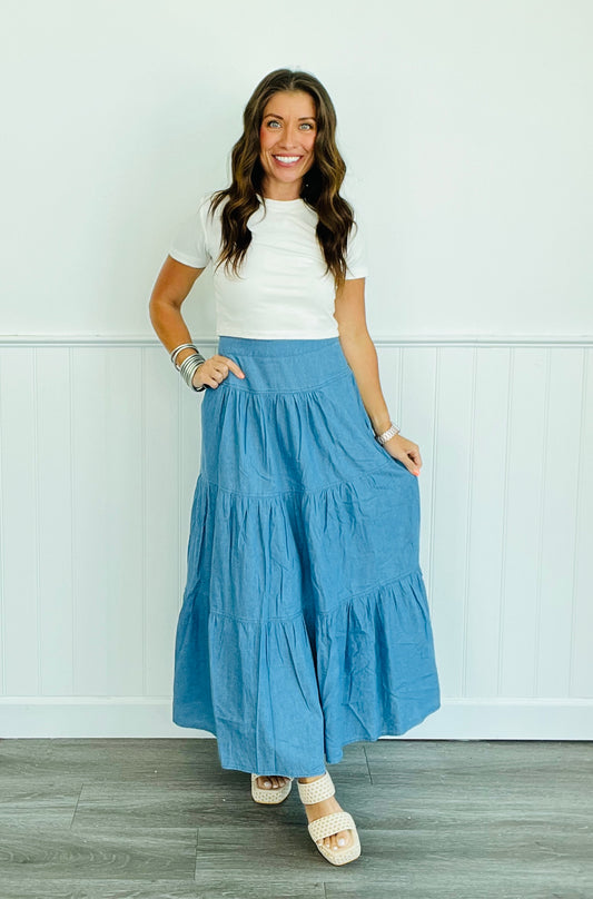 Denim Dream Tiered Maxi Skirt (Reg)