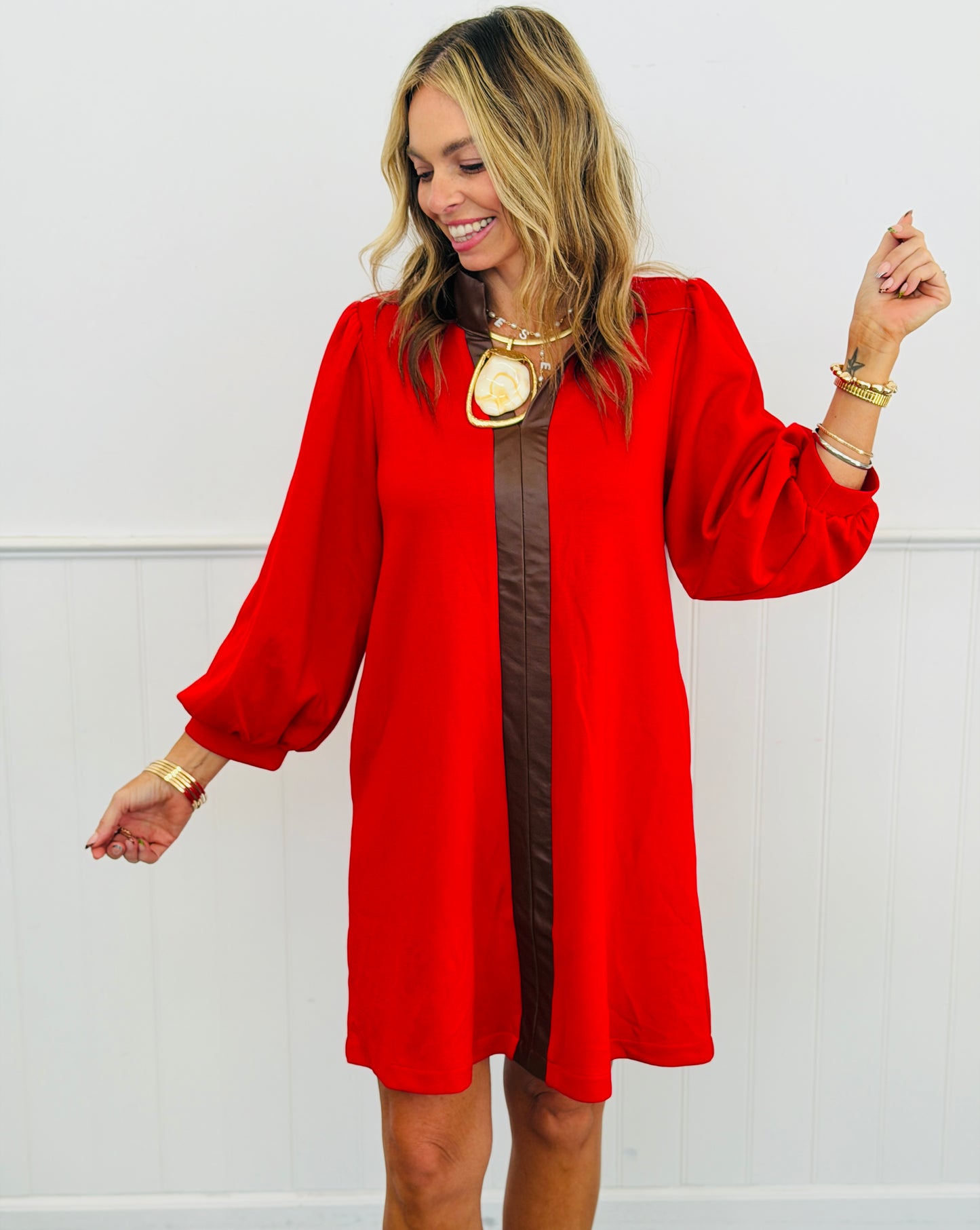Red Contrast Leather Center Stripe Mini Dress (Reg.)