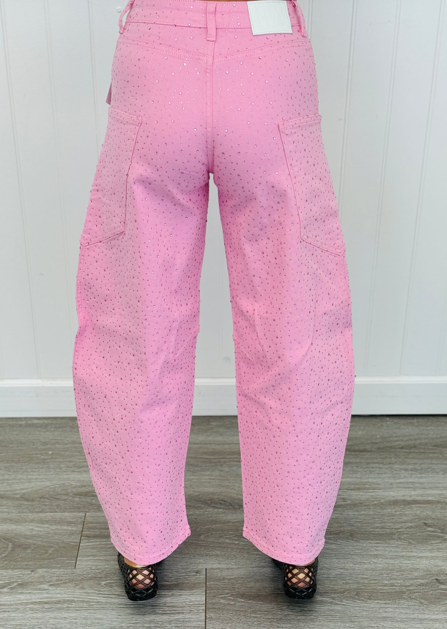 Pink Rhinestone Embellished Barrel Leg Jeans (Reg.)