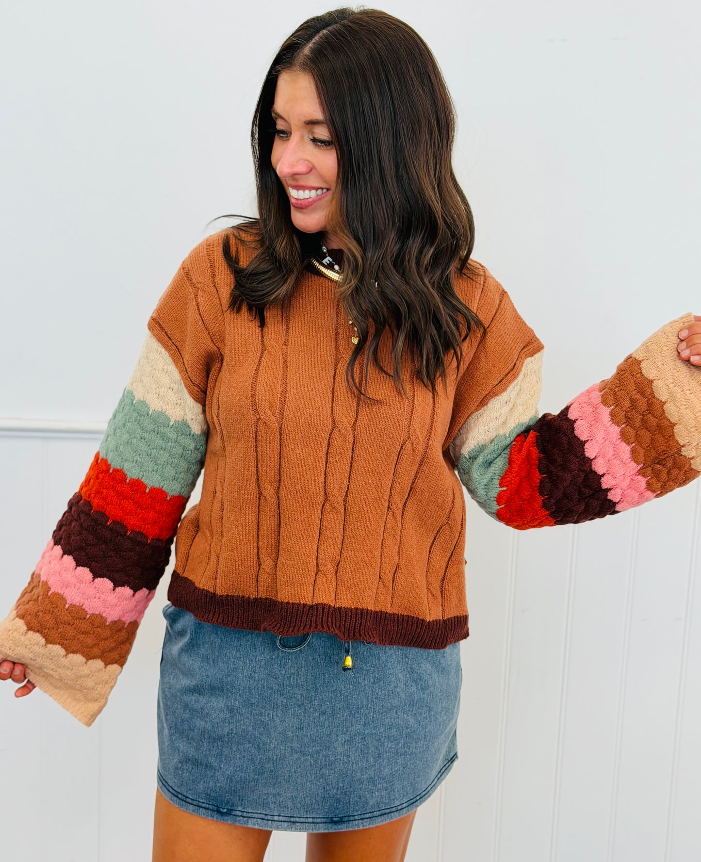 Brown Multi Rainbow Bubble Sleeve Sweater Top (Reg & Plus)