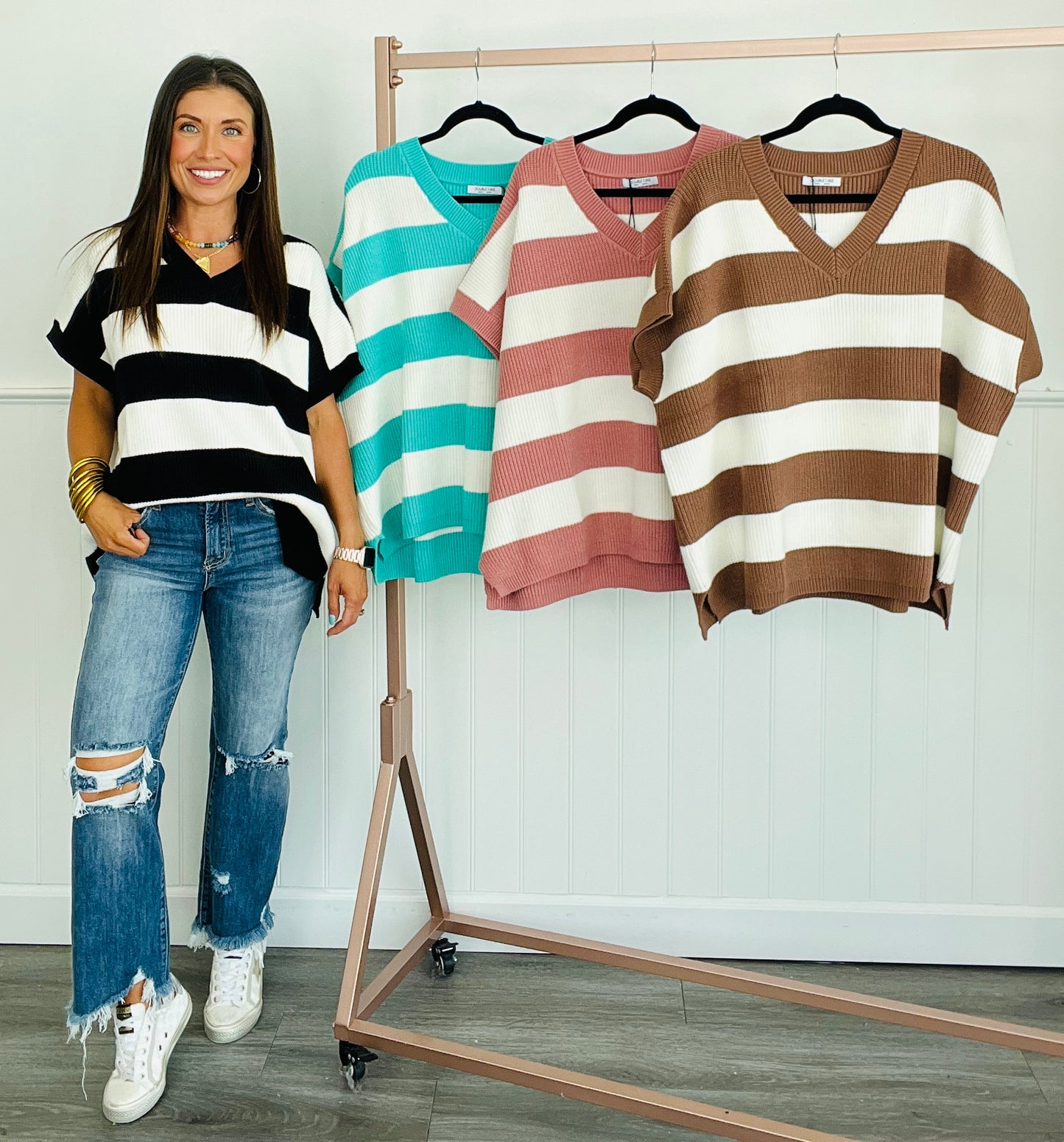 Striped V-Neck Cap Sleeve Top (Reg. and Plus) - 4 Colors