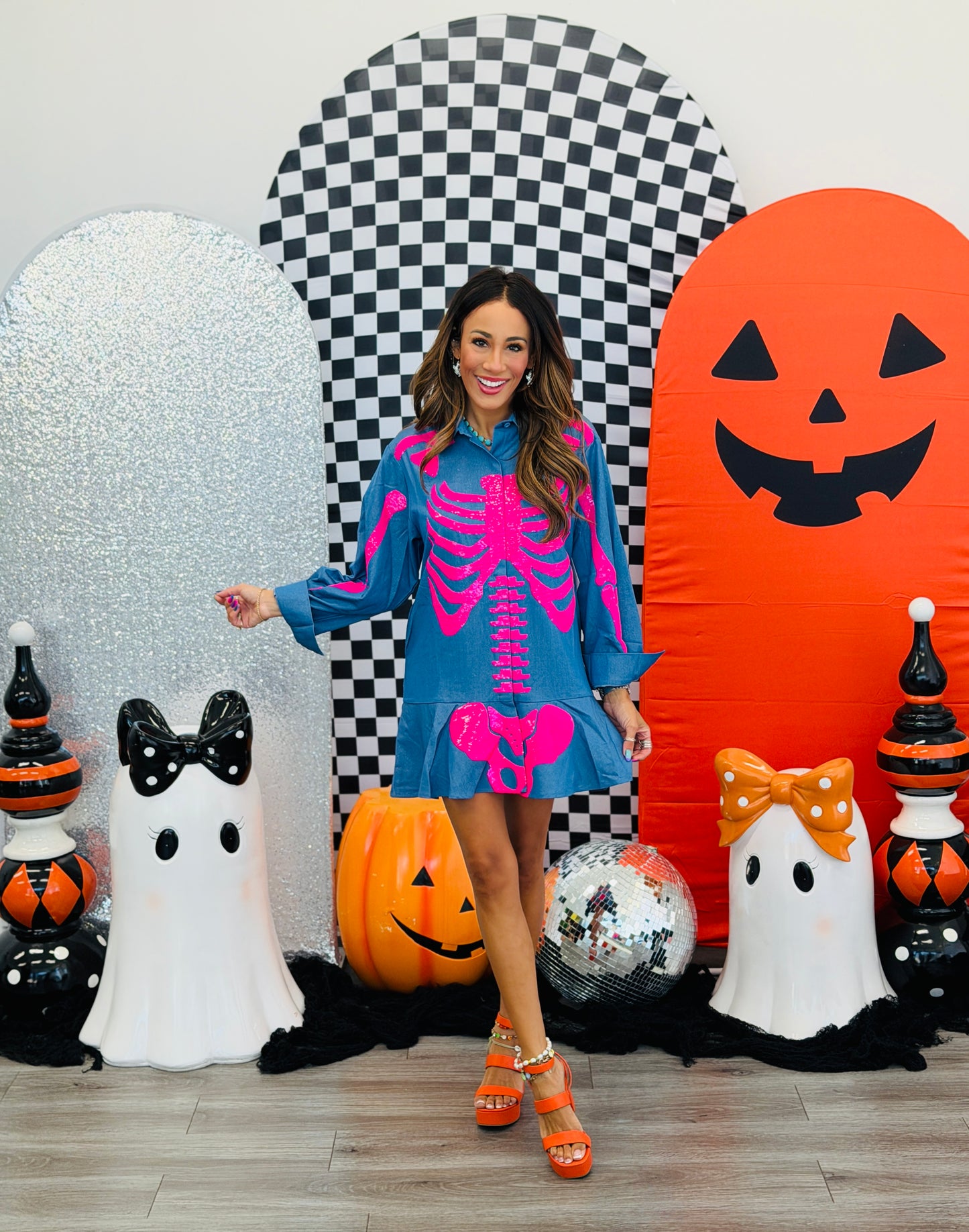 Queen Of Sparkles Denim & Pink Sequin Skeleton Mini Dress (Reg. and Plus)