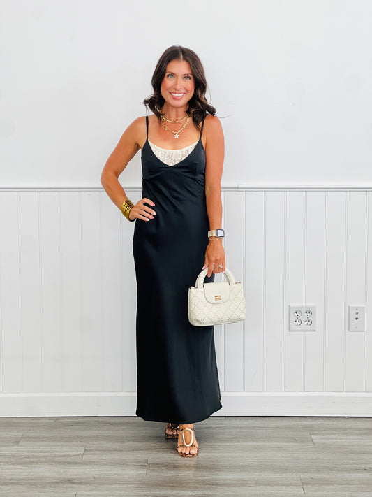 Black Satin Back Tie Midi Dress (Reg.)