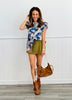 Taupe/Blue Floral Print Ruffle Sleeve Blouse (Reg. and Plus)