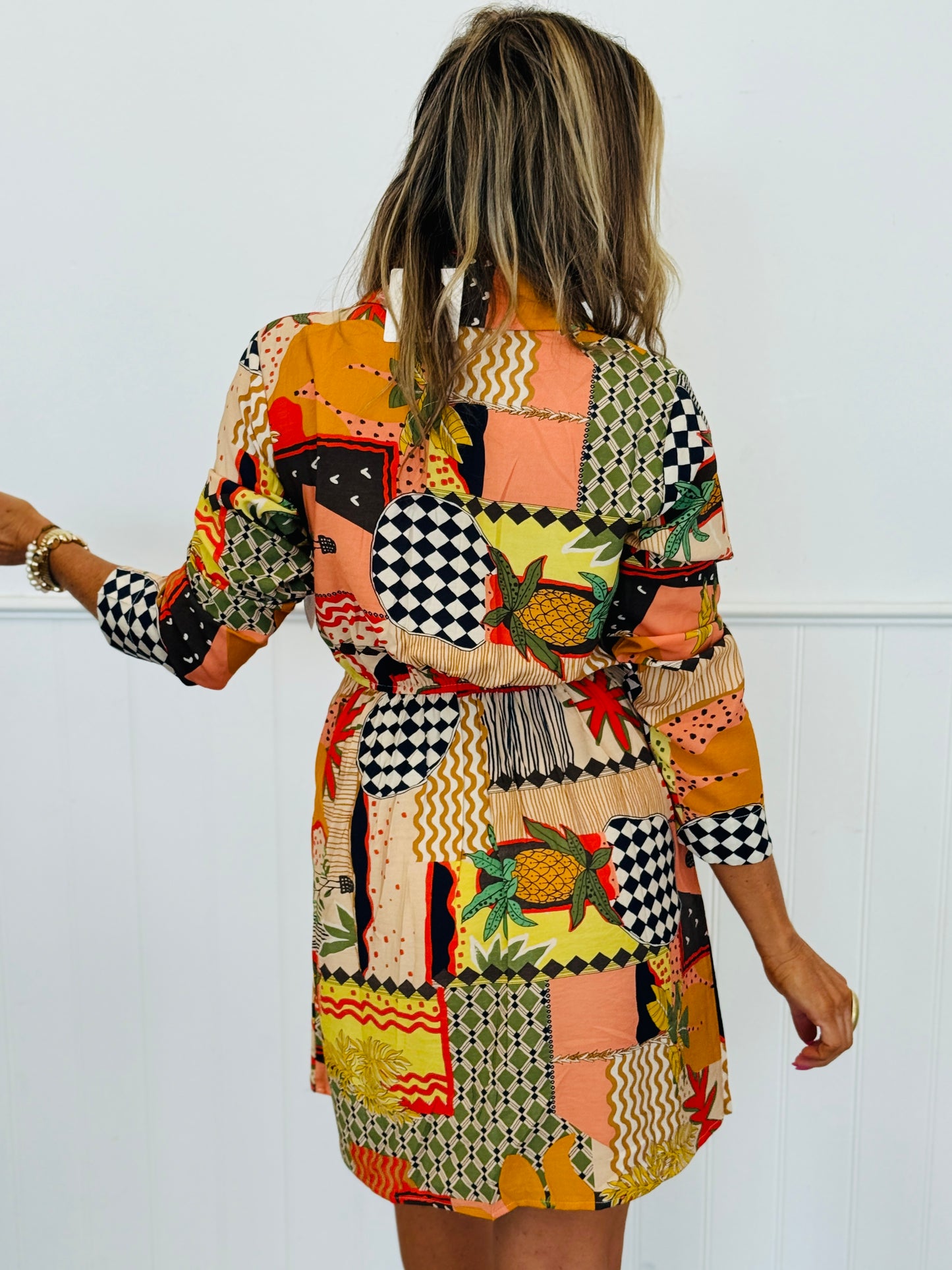 Patchwork Print Front Tie Mini Dress (Reg. and Plus)