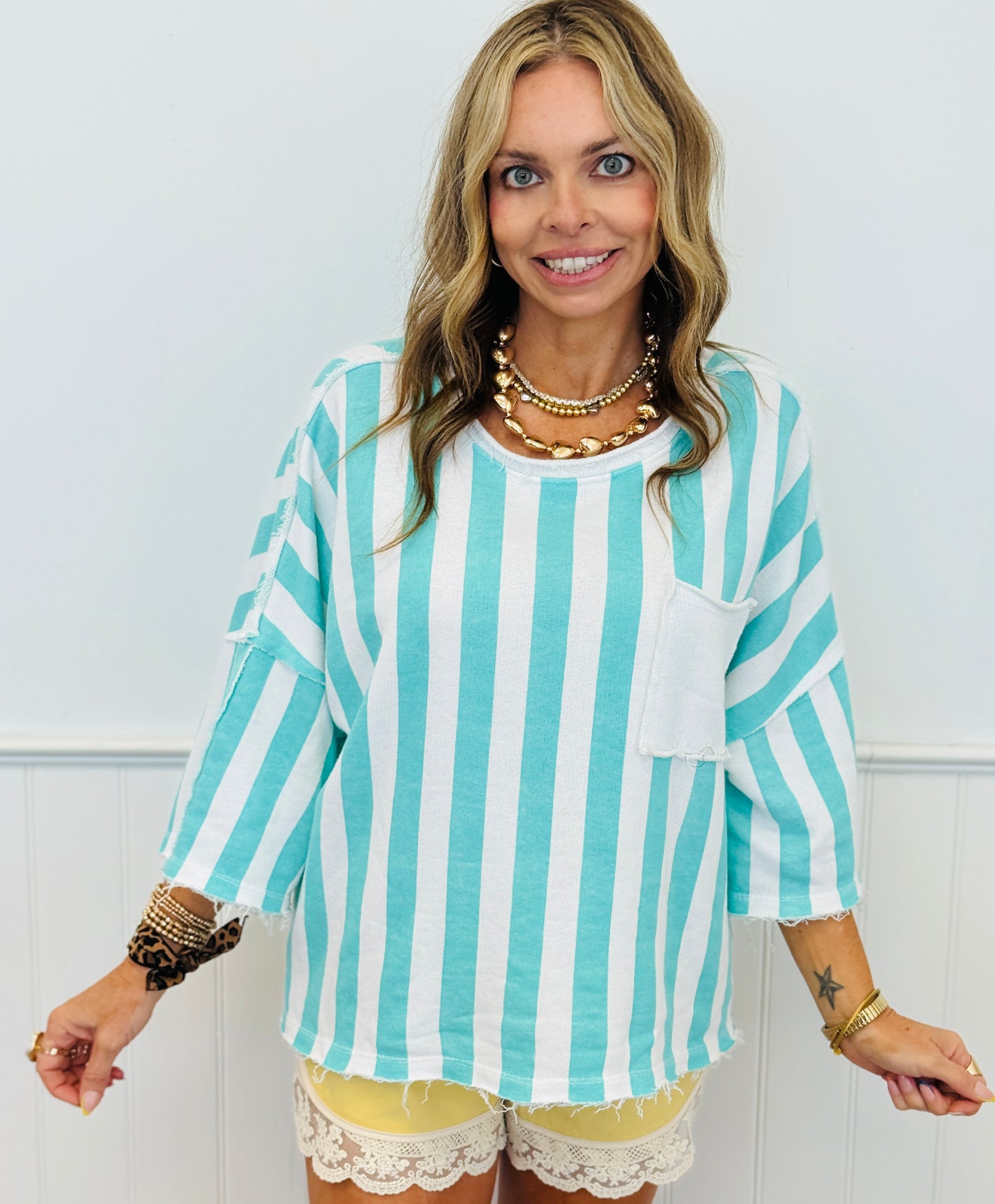 Turquoise/White Striped Pocket Top (One Size)