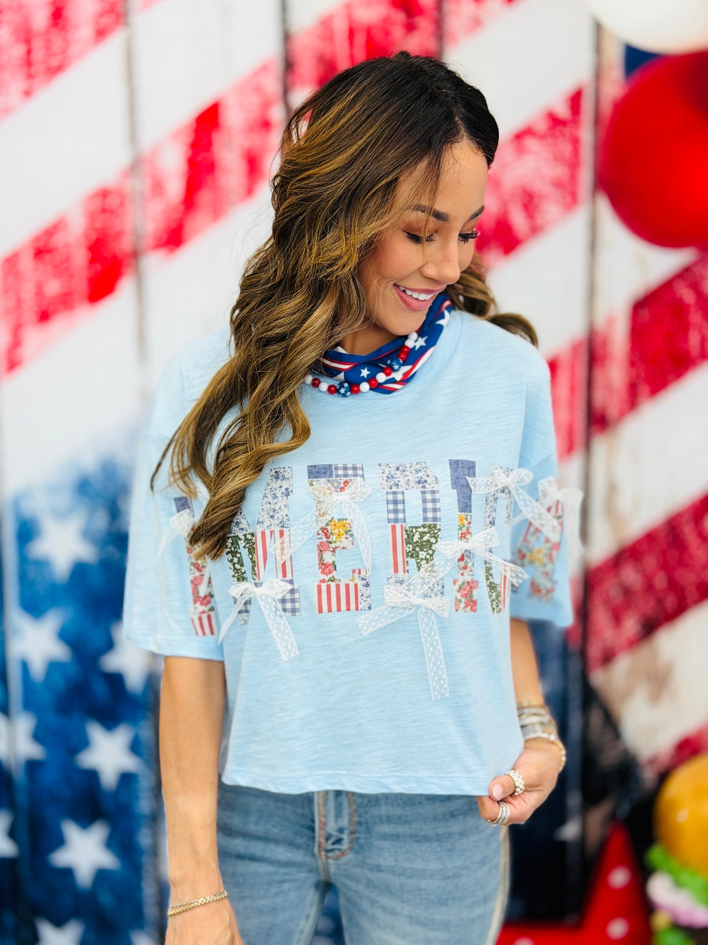 America Patchwork & Lace Bows Slub Tee (Reg.)-2 Colors