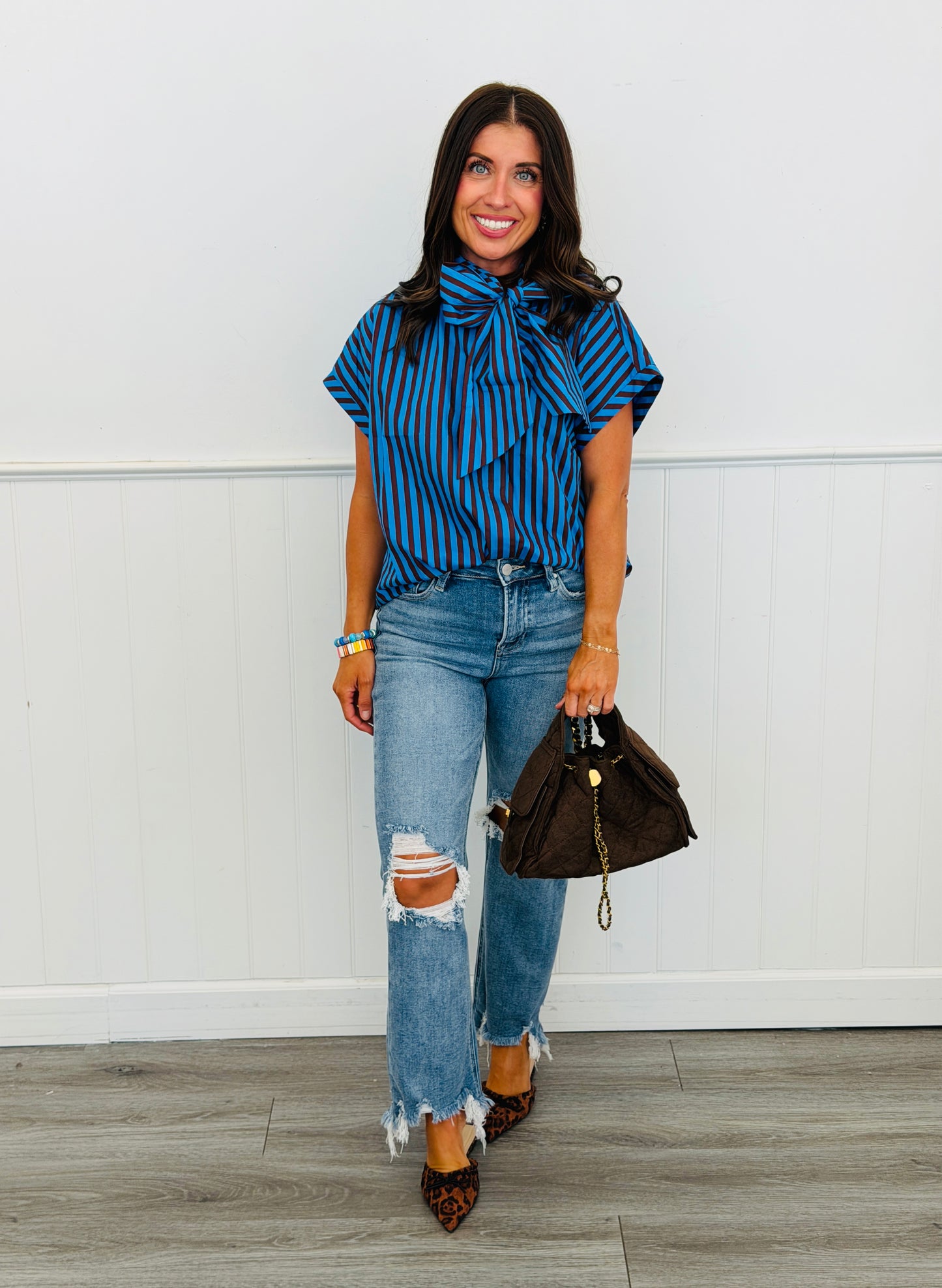 Blue Stripe Tie Bow Neck Blouse (Reg.)