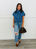 Blue Stripe Tie Bow Neck Blouse (Reg.)