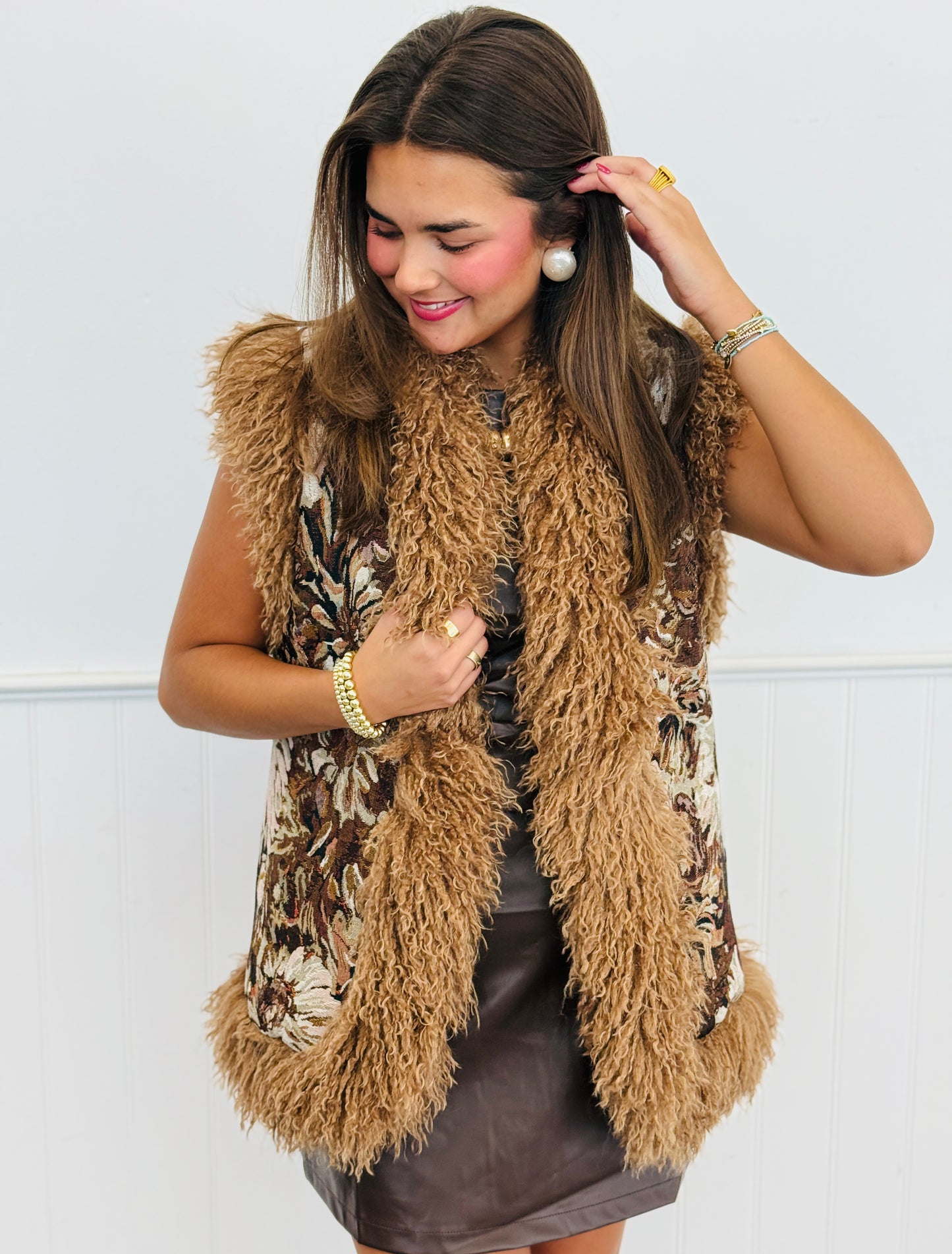 Brown Tapestry Fur Trim Vest Top (Reg & Plus)