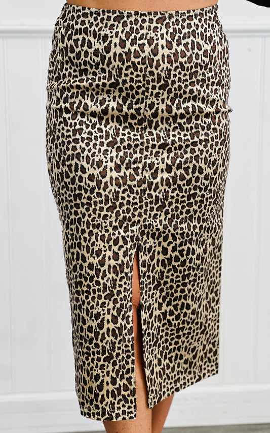 Ecru Leopard Print Satin Midi Skirt (Reg.)