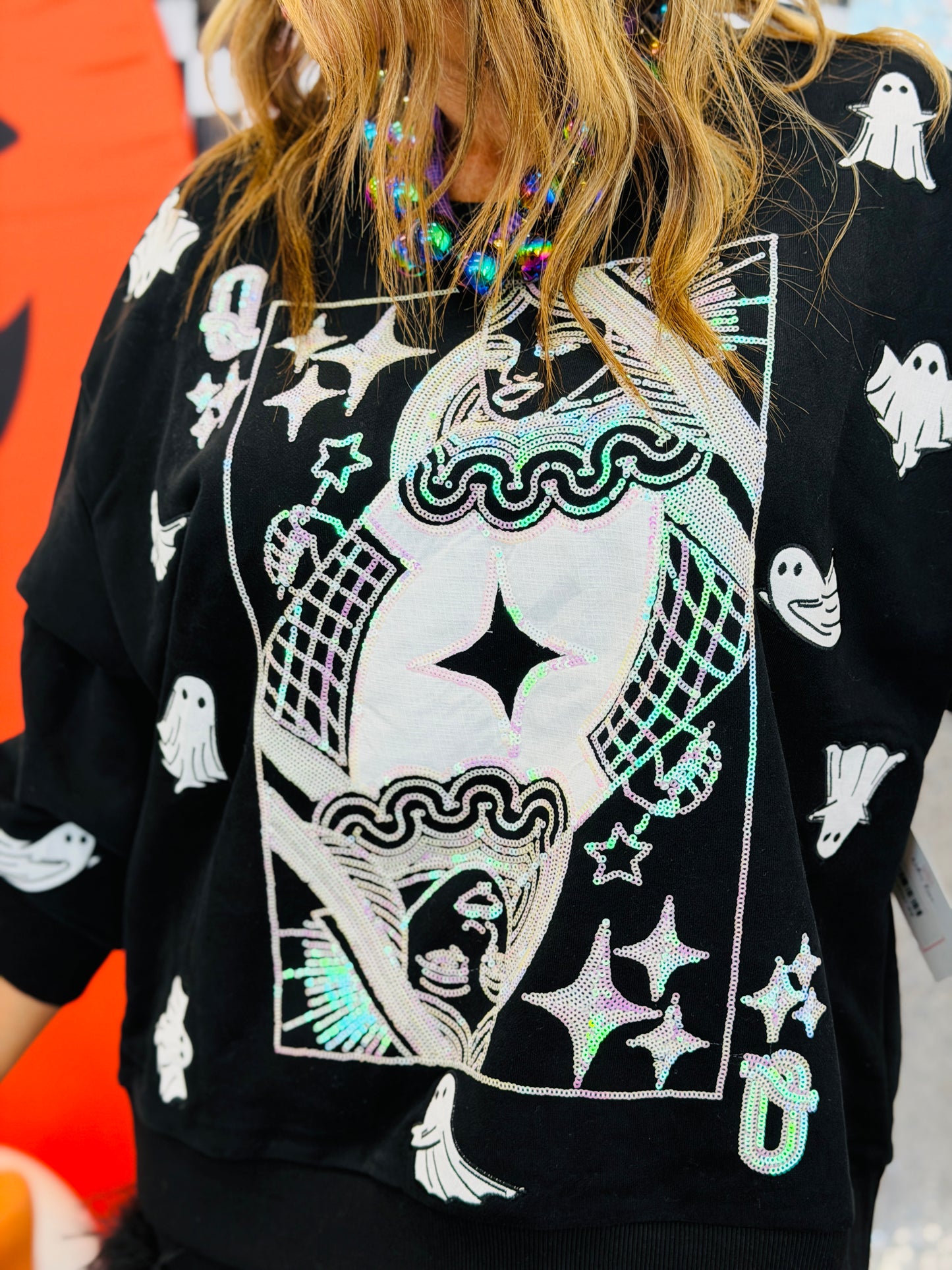 Queen Of Sparkles Black & White Ghost Card Logo Sweatshirt(Reg. and Plus)