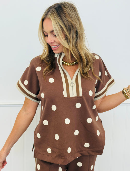 Brown Polka Dot Half Zip Short Sleeve Top (Reg.)