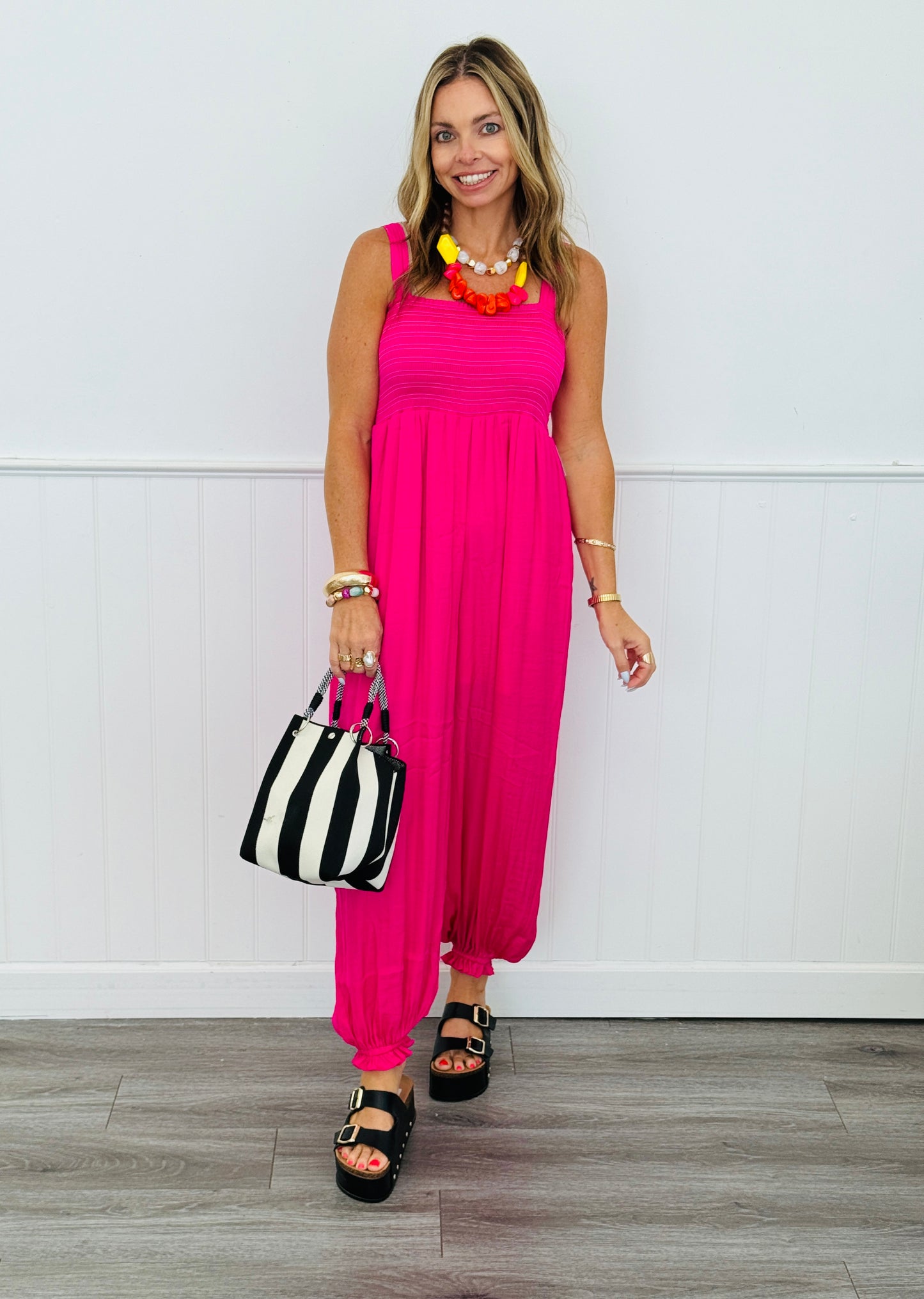 Hot Pink Smocked Balloon Leg Jumpsuit (Reg.)