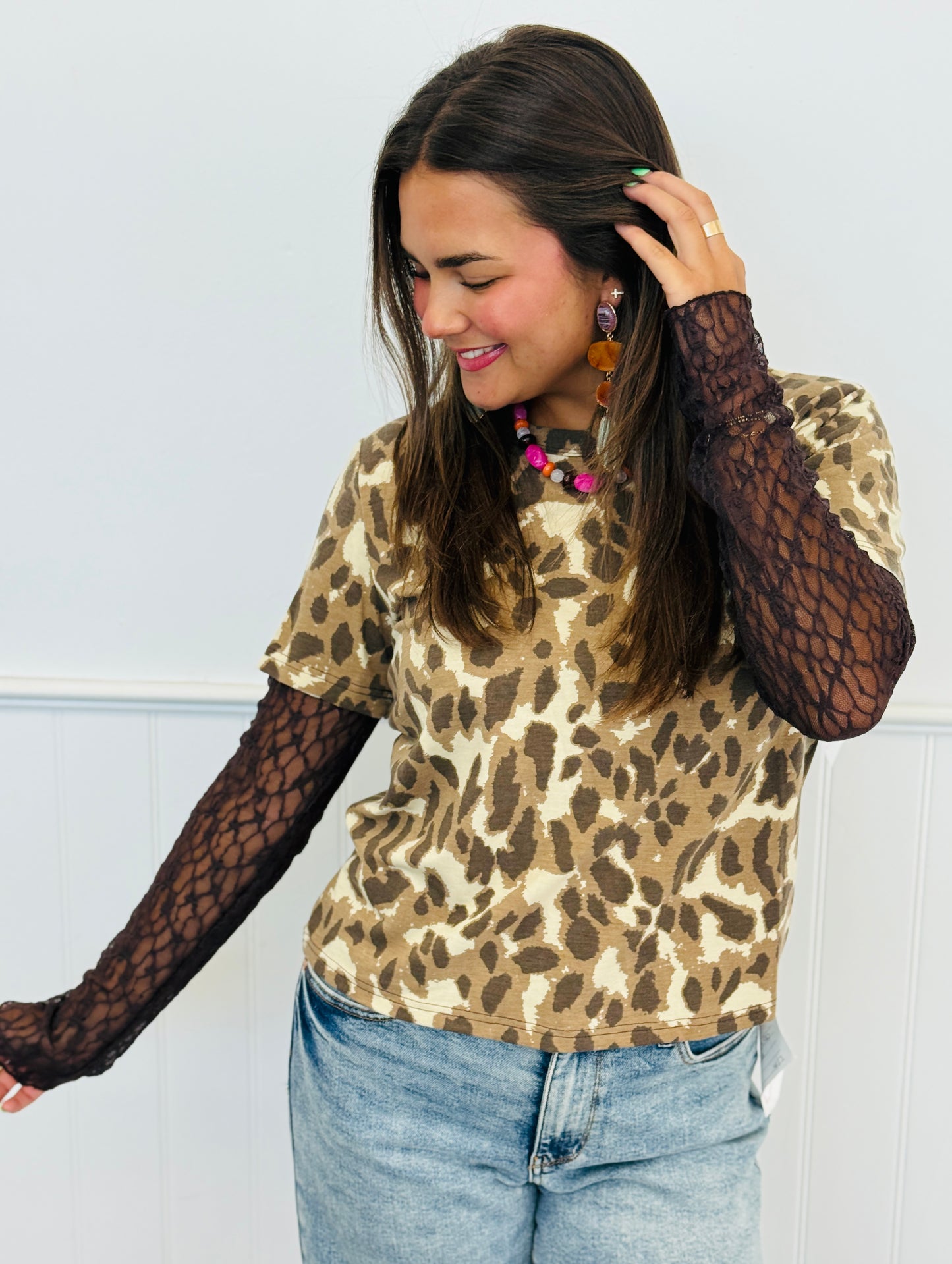 Lace Long Sleeve Layered Leopard Tee (Reg.) - 2 Colors