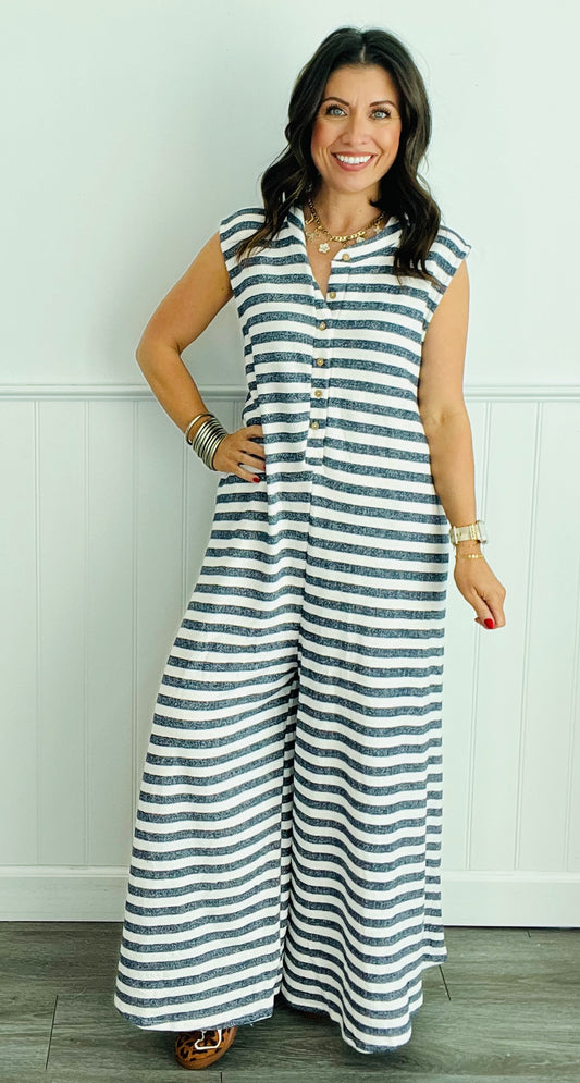 Stripped Wide Leg Button-up Jumpsuit (Reg.)