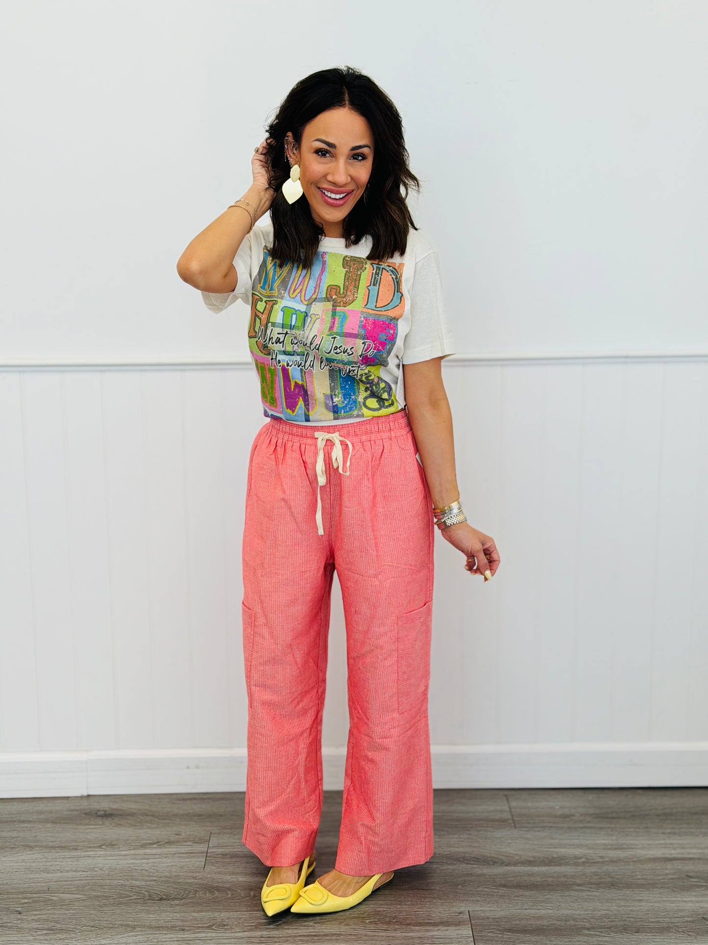 Coral Pink Pinstripe Wide Leg Crop Pants (Reg & Plus)