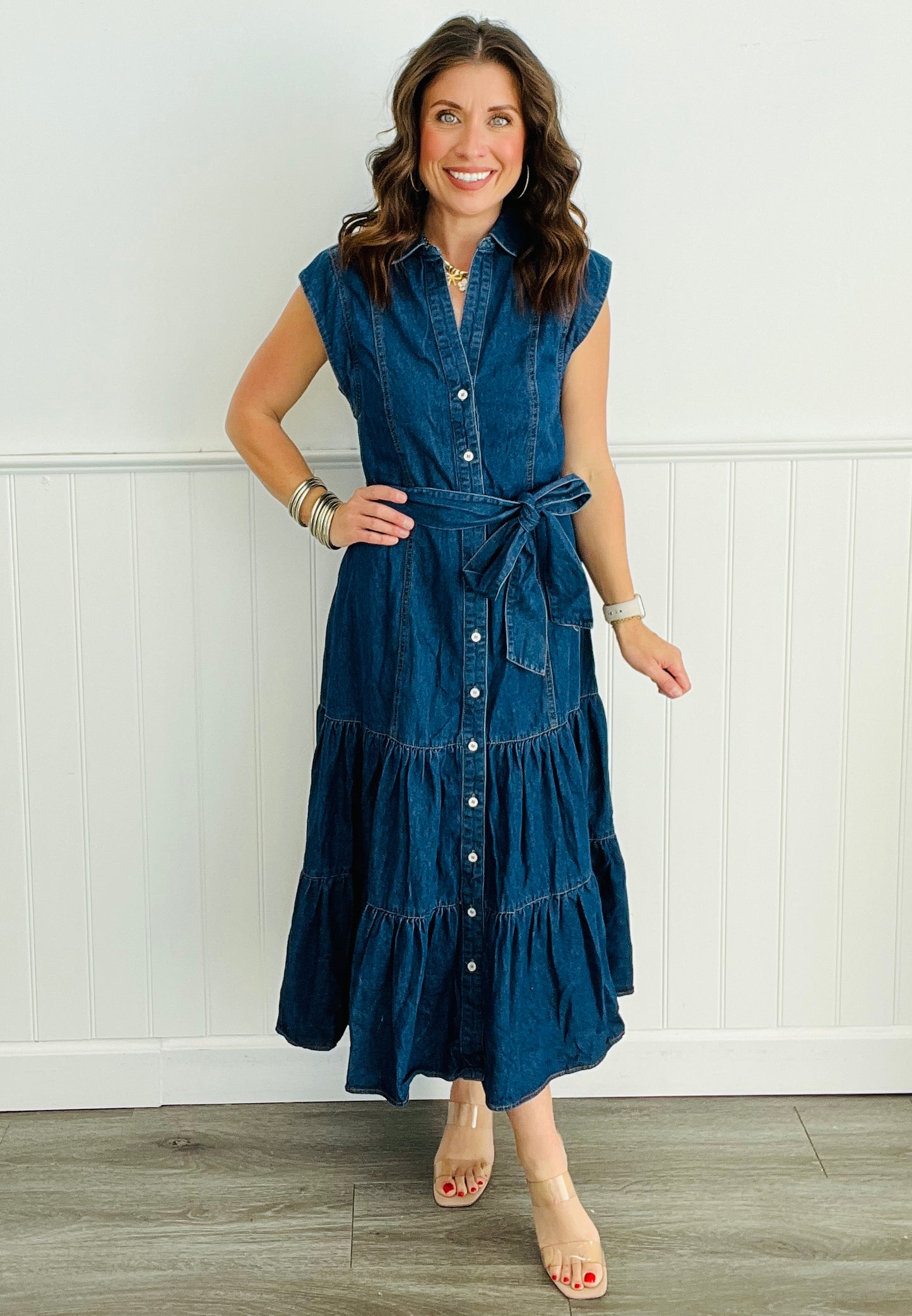 Denim Delight Belted Tiered Midi Dress (Reg)