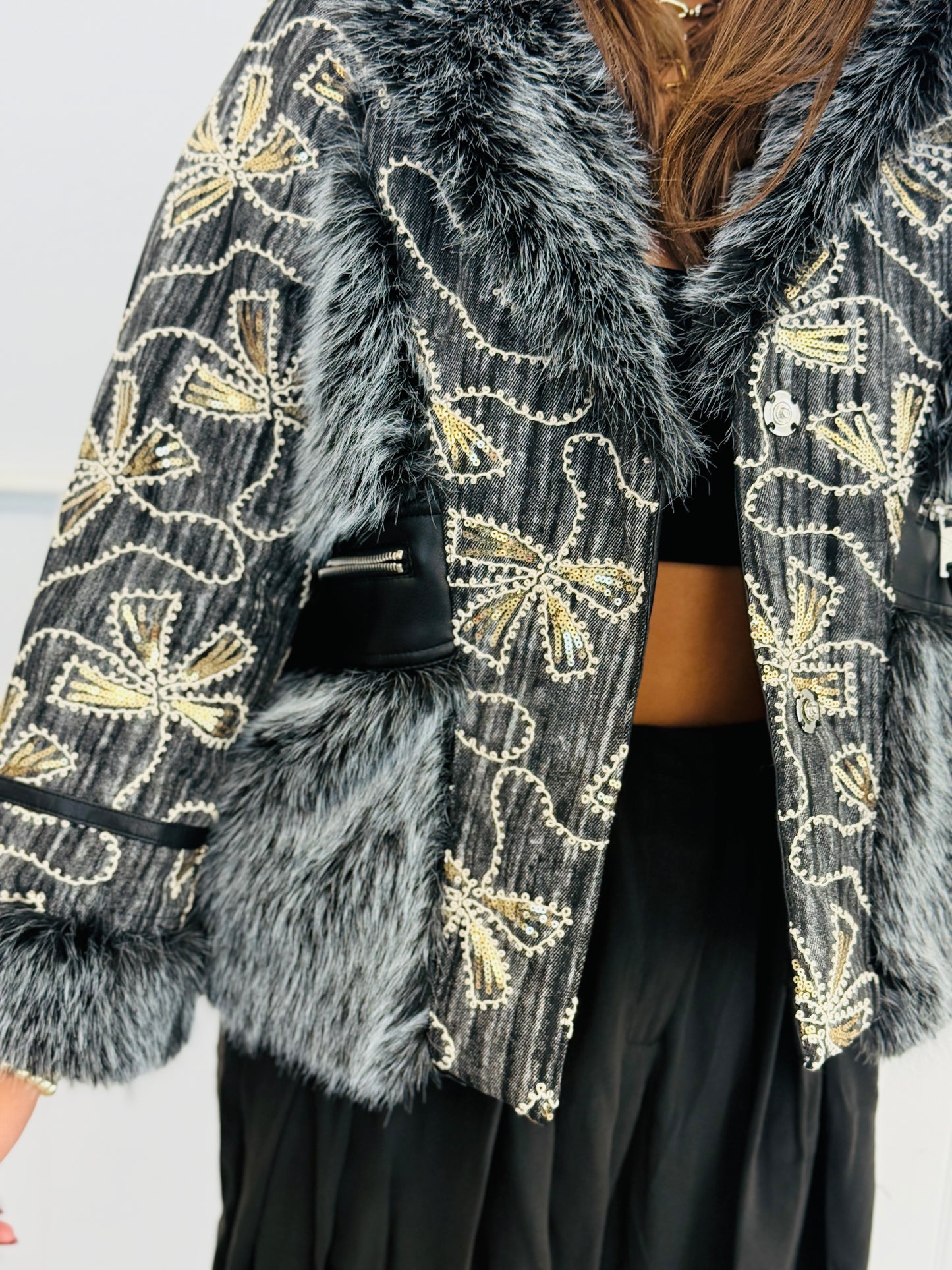 Grey Sequin Printed Faux Fur Button Up Jacket (Reg.)