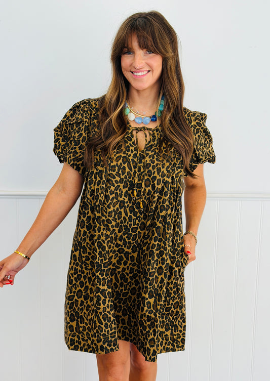 Taupe Leopard Print Smock Mini Dress (Reg & Plus)