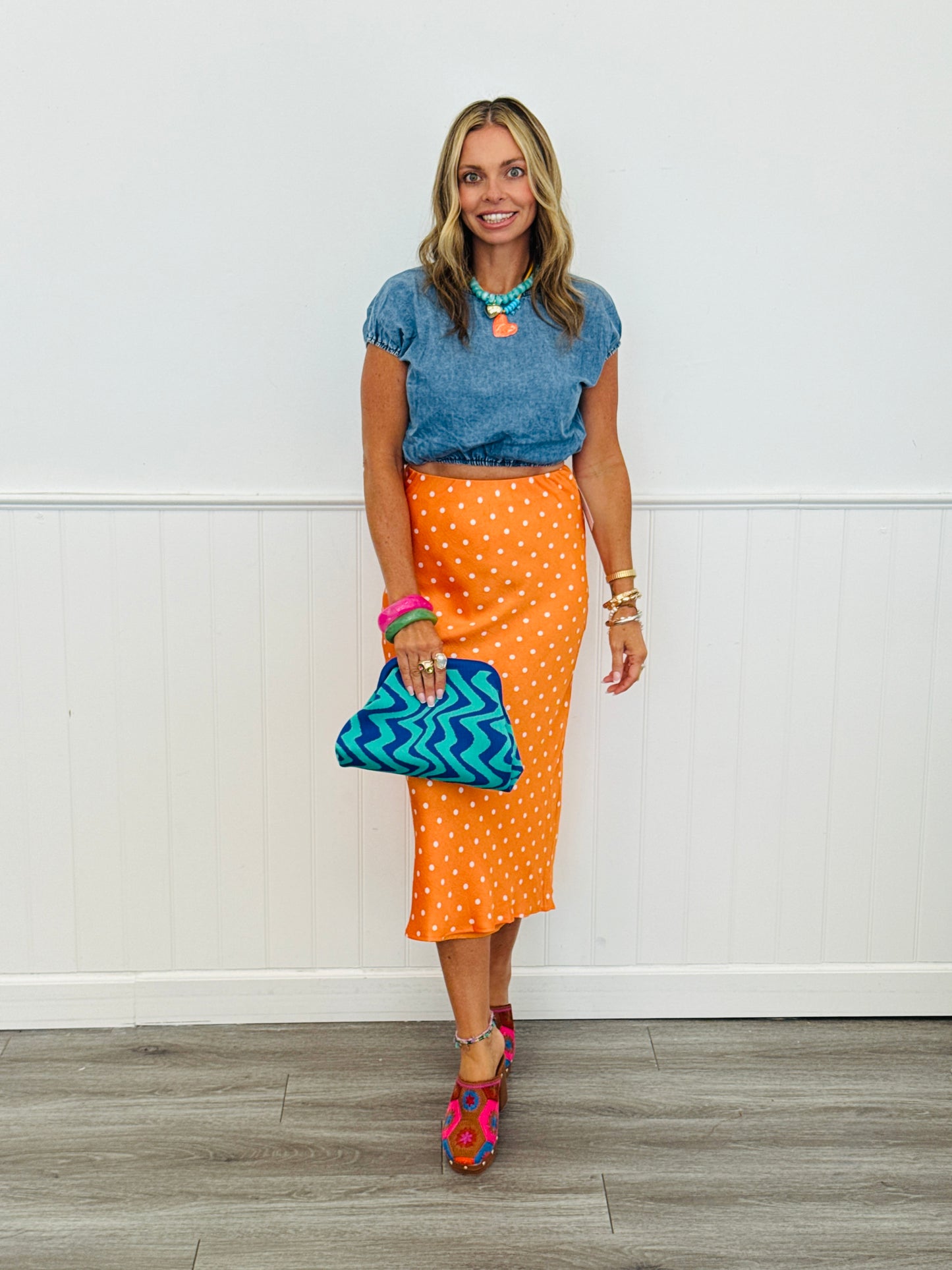 Orange/White Polka Dot Mid Rise Maxi Skirt (Reg.)