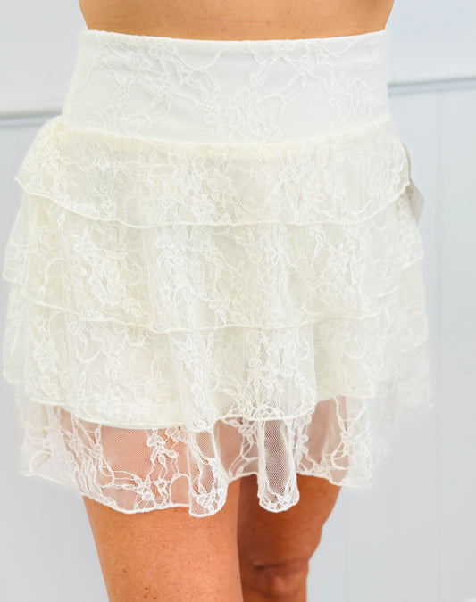 Ivory Lace Ruffle Mini Skirt (Reg. and Plus)