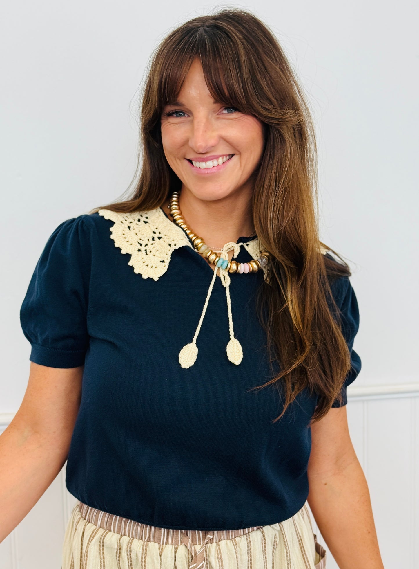 Navy Crochet Tied Collar Sweater Top (Reg.)
