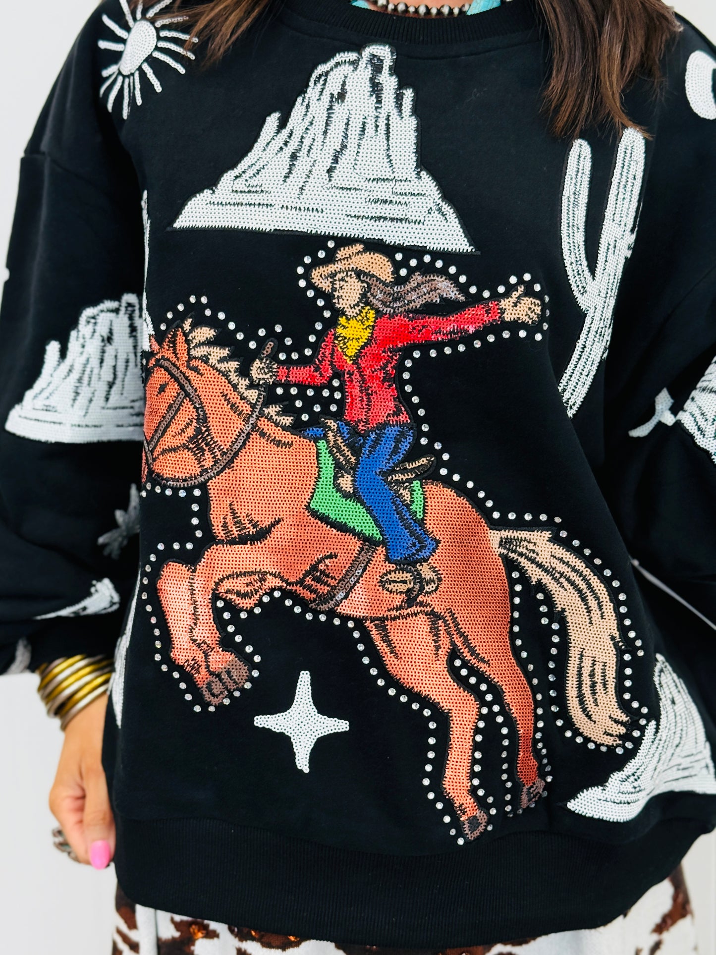 Queen Of Sparkles Black & White Bucking Cowgirl Sweatshirt (Reg. and Plus)