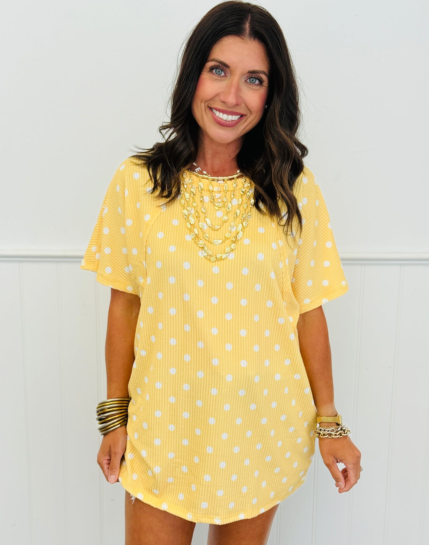 Yellow Polka Dot Short Sleeve Blouse (Reg. and Plus)
